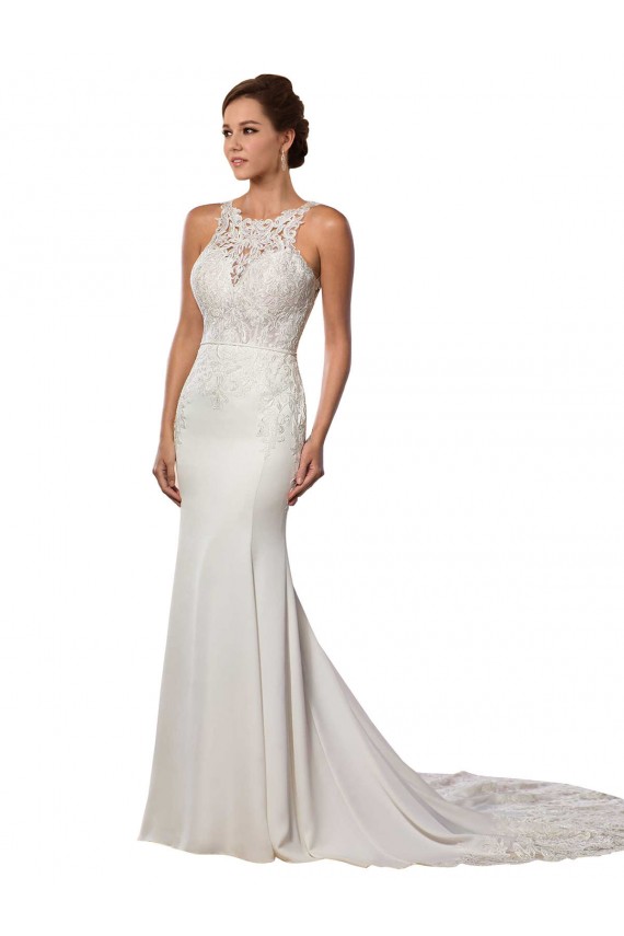 Lace V-Back Chapel Train High Neck Sheath Modern Wedding Dress Plymouth