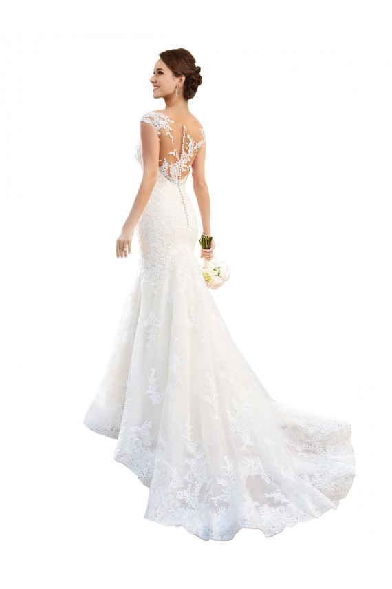 Lace Cap Sleeves Illusion Neck White Mermaid Wedding Dress Plymouth