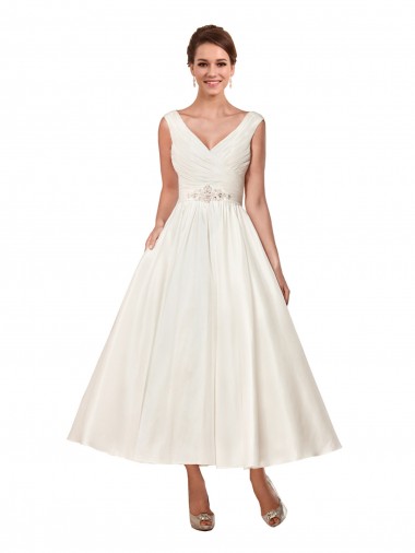 Satin Ankle Length V-Neck A-Line Wedding Dress Plymouth