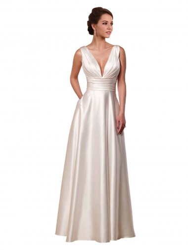 Satin Chapel Train V-Neck A-Line Wedding Gowns Plymouth