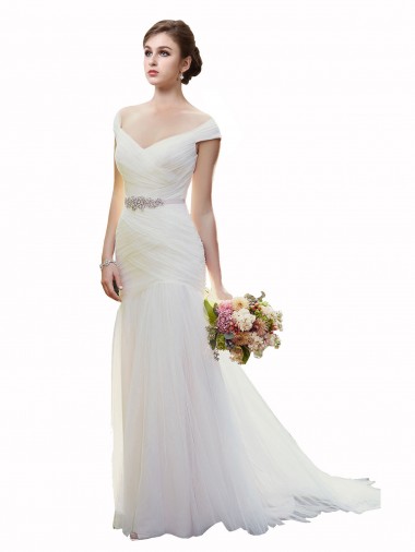 Tulle Chapel Train Off the Shoulder Mermaid Beach Wedding Dress Plymouth