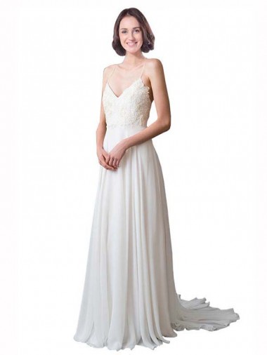 Soft Chiffon & Lace Chapel Train Spaghetti Straps A-Line Beach Wedding Dress Plymouth