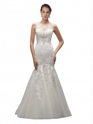 Tulle & Lace Sweep Train Illusion Neck Mermaid Wedding Dress Plymouth