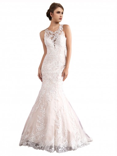 Tulle & Lace Cathedral Train Illusion Neck Mermaid Wedding Dress Plymouth