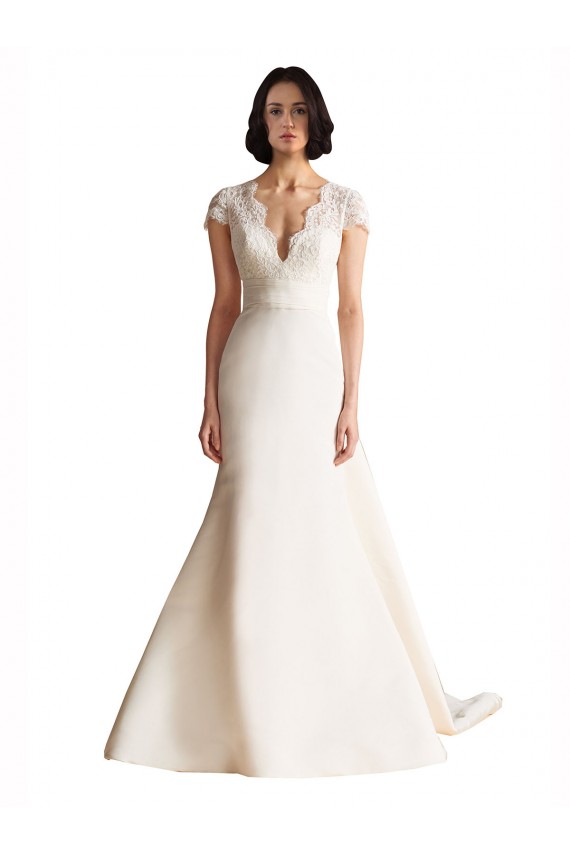 Satin Keyhole Back Chapel Train V-Neck A-Line Wedding Dress Plymouth