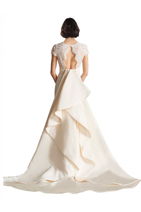 Satin Keyhole Back Chapel Train V-Neck A-Line Wedding Dress Plymouth