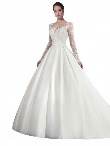 Satin & Lace Cathedral Train Illusion Neck A-Line Wedding Dress Plymouth