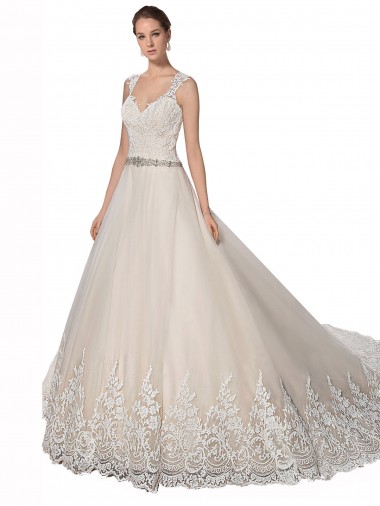 Tulle & Lace Chapel Train Sweetheart Ivory & Champagne A-Line Wedding Dress Plymouth