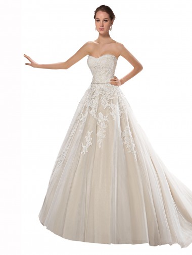 Tulle & Lace Chapel Train Strapless A-Line Wedding Dress Plymouth