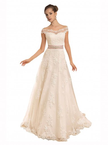 Lace Chapel Train Off the Shoulder A-Line Beach Wedding Dress Plymouth