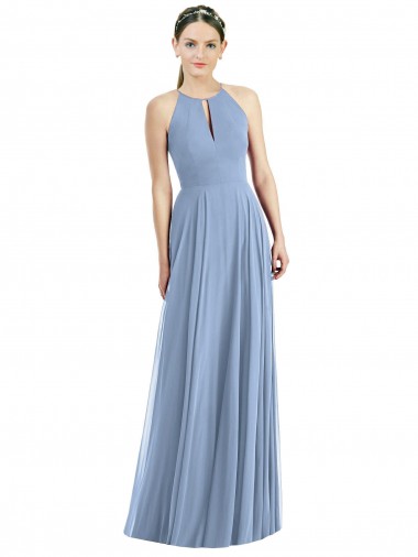 Soft Chiffon Long Halter Neck Dusty Blue A-Line Semi Formal Evening Dress / Bridesmaid Dress Plymouth