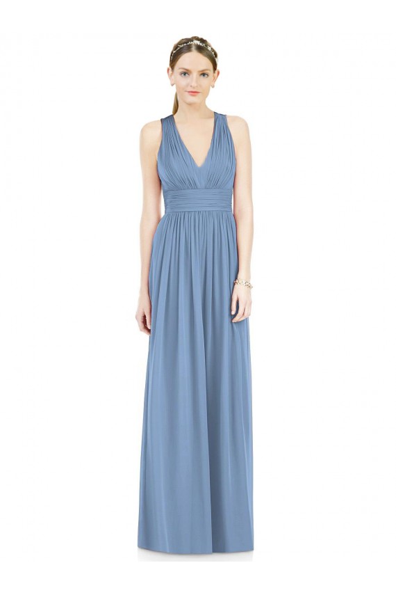 Chiffon Long V-Neck Dusty Blue A-Line Bridesmaid Gowns Plymouth