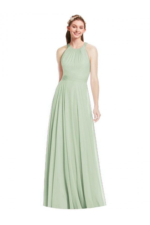 Chiffon Long Halter Neck Sage A-Line Bridesmaid Dress / Evening Dress Plymouth