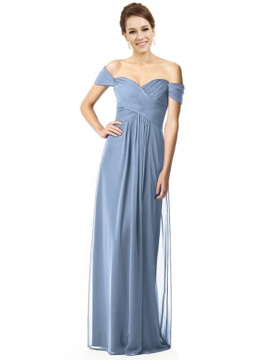 Soft Chiffon Long Off the Shoulder Dusty Blue A-Line Bridesmaid Dress Plymouth