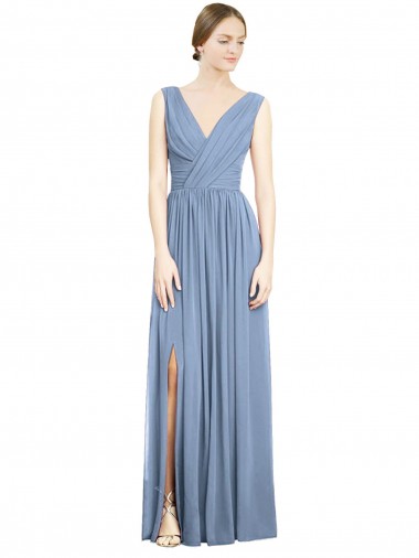 Soft Chiffon Long V-Neck Dusty Blue A-Line Semi Formal Evening Dress / Bridesmaid Dress Plymouth