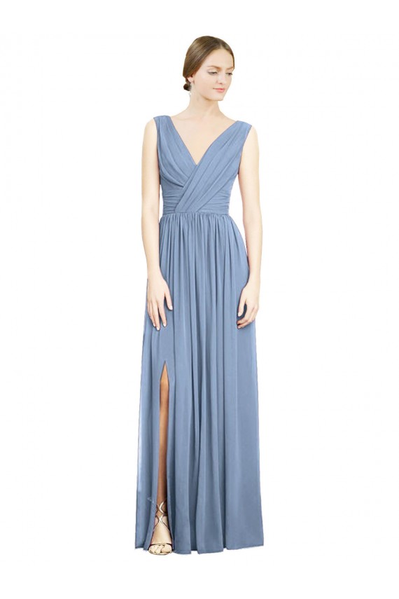 Soft Chiffon Long V-Neck Dusty Blue A-Line Semi Formal Evening Dress / Bridesmaid Dress Plymouth