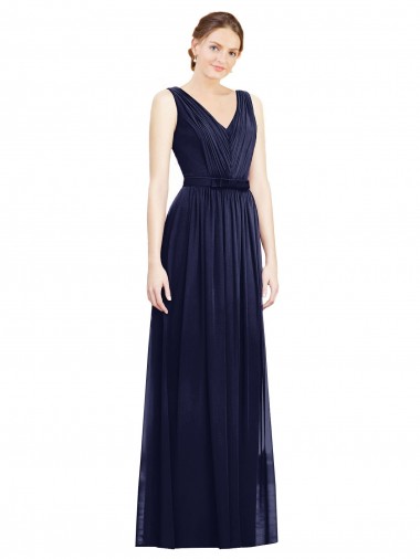 Chiffon Long V-Neck Dark Navy A-Line Bridesmaid Gowns Plymouth