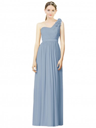 Soft Chiffon Long One Shoulder Dusty Blue A-Line Bridesmaid Dress Plymouth