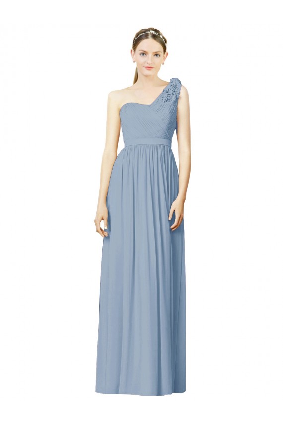 Soft Chiffon Long One Shoulder Dusty Blue A-Line Bridesmaid Dress Plymouth