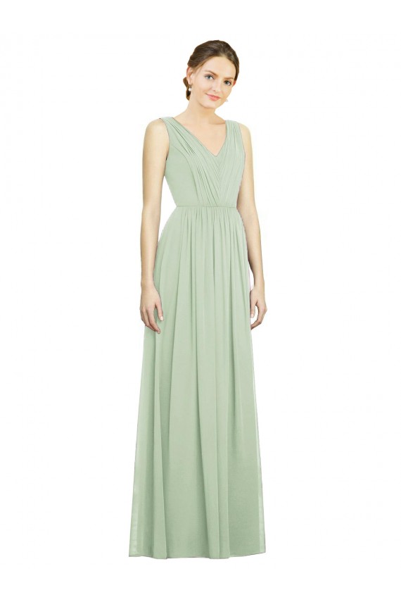 Soft Chiffon V-Back Long V-Neck Sage A-Line Bridesmaid Dress Plymouth