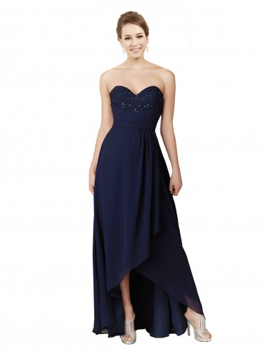 Soft Chiffon Long Sweetheart Dark Navy A-Line High Low Bridesmaid Dress Plymouth