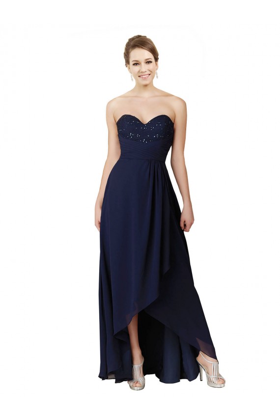Soft Chiffon Long Sweetheart Dark Navy A-Line High Low Bridesmaid Dress Plymouth