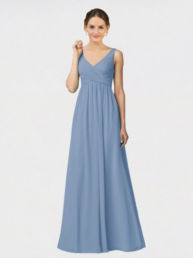 Soft Chiffon Long Spaghetti Straps Dusty Blue A-Line Bridesmaid Gown Plymouth