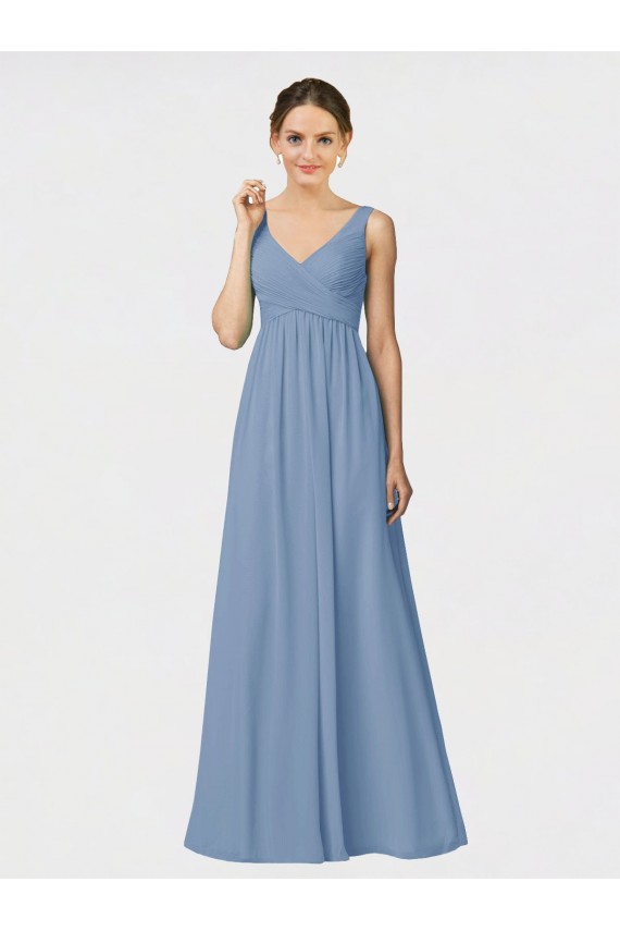 Soft Chiffon Long Spaghetti Straps Dusty Blue A-Line Bridesmaid Gown Plymouth