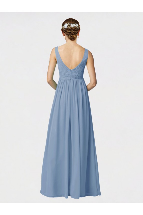 Soft Chiffon Long Spaghetti Straps Dusty Blue A-Line Bridesmaid Gown Plymouth
