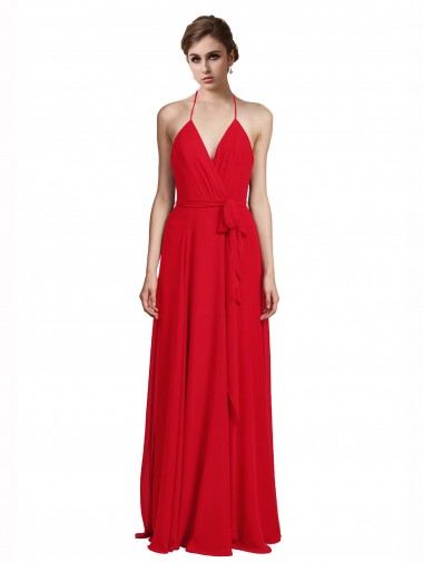 Chiffon Long Spaghetti Straps Red A-Line Bridesmaid Dress Plymouth
