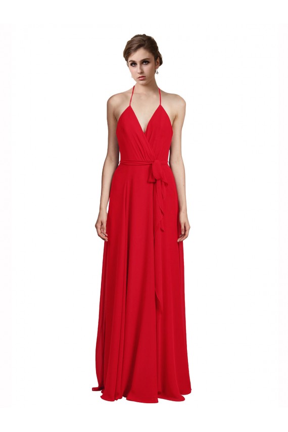 Chiffon Long Spaghetti Straps Red A-Line Bridesmaid Dress Plymouth