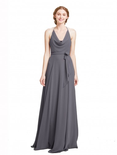 Soft Chiffon Long Spaghetti Straps Slate Grey A-Line Bridesmaid Dress Plymouth