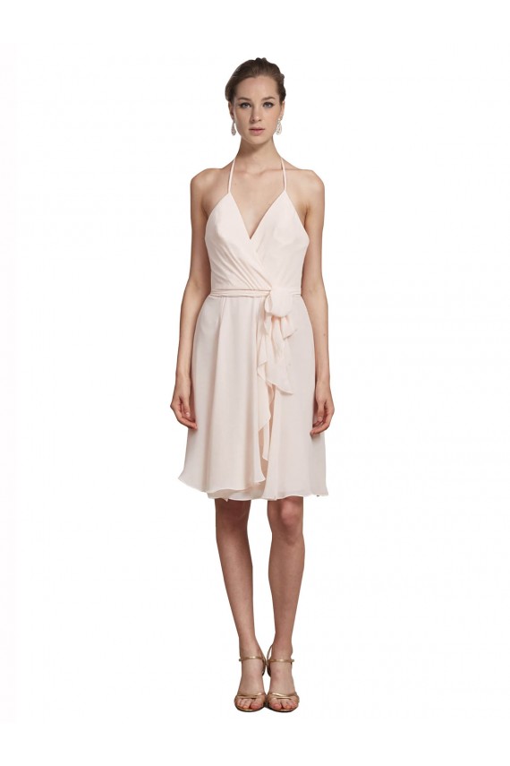 Soft Chiffon Knee Length Halter Neck Cream Pink A-Line Bridesmaid Dress Plymouth