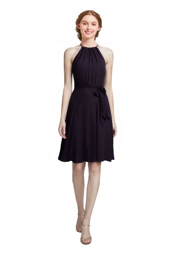 Soft Chiffon Knee Length Halter Neck Grape A-Line Bridesmaid Dress Plymouth