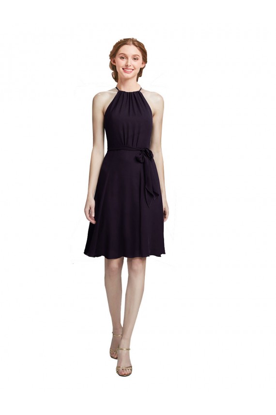 Soft Chiffon Knee Length Halter Neck Grape A-Line Bridesmaid Dress Plymouth