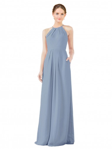 Soft Chiffon Keyhole Back Long Halter Neck Dusty Blue Sheath Bridesmaid Dress Plymouth