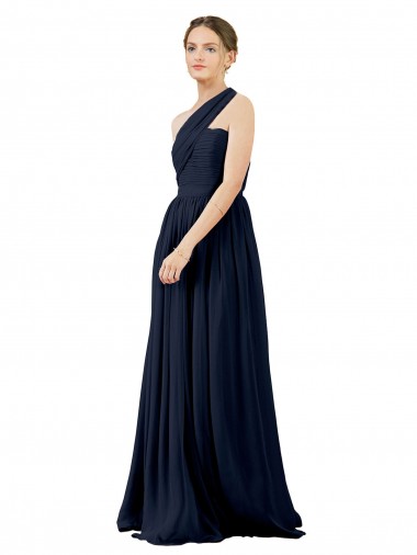 Chiffon Long One Shoulder Dark Navy A-Line Bridal Party Dress / Evening Dress Plymouth