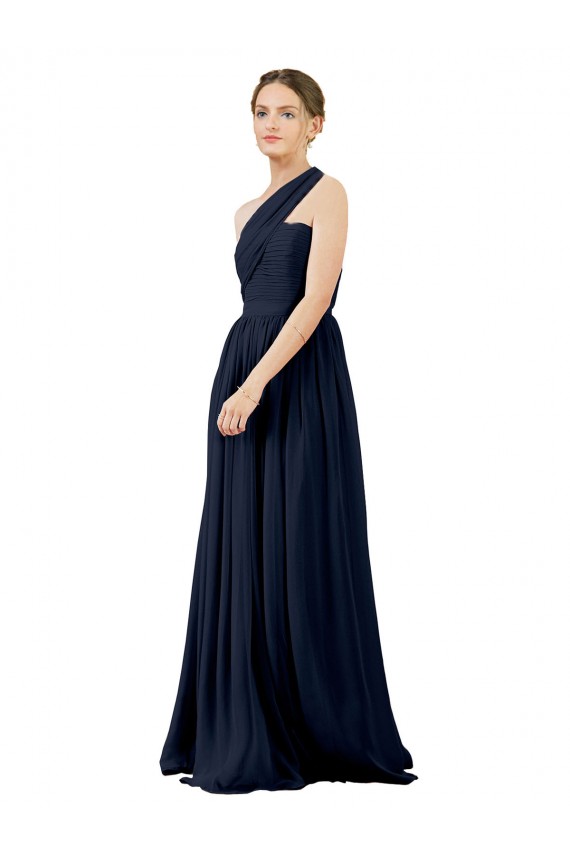 Chiffon Long One Shoulder Dark Navy A-Line Bridal Party Dress / Evening Dress Plymouth