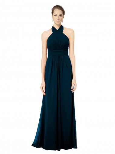 Soft Chiffon Open Back Long Halter Neck Midnight Green A-Line Formal Dress / Bridesmaid Dress Plymouth