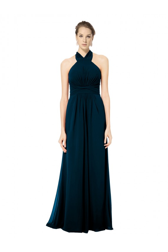 Soft Chiffon Open Back Long Halter Neck Midnight Green A-Line Formal Dress / Bridesmaid Dress Plymouth