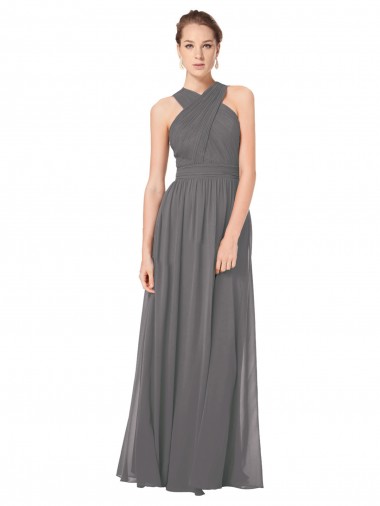 Soft Chiffon Keyhole Back Long Halter Neck Stormy Silver A-Line Bridesmaid Dress Plymouth