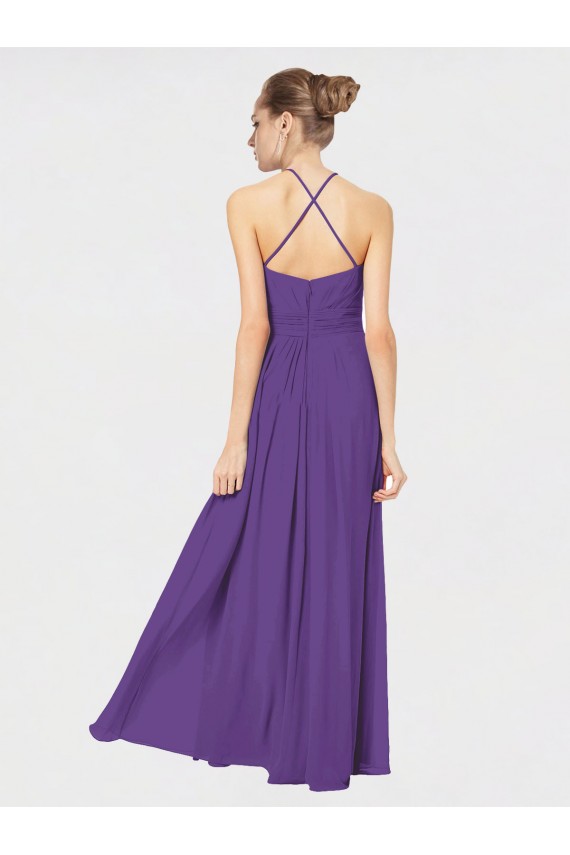 Soft Chiffon Criss Cross Back Long Spaghetti Straps Plum Purple A-Line Bridesmaid Dress Plymouth