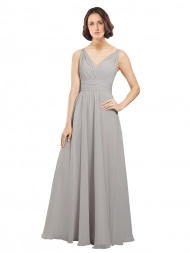Soft Chiffon V-Back Long V-Neck Oyster Silver A-Line Bridesmaid Dress Plymouth