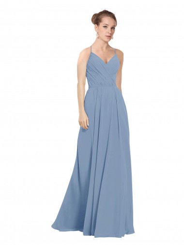 Soft Chiffon V-Back Long V-Neck Dusty Blue A-Line Evening Dress / Bridesmaid Dress Plymouth