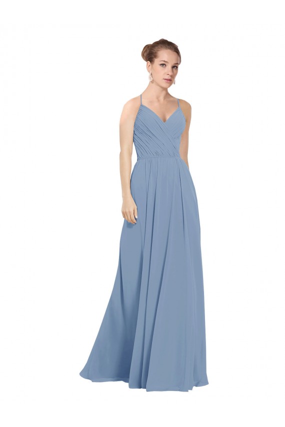 Soft Chiffon V-Back Long V-Neck Dusty Blue A-Line Evening Dress / Bridesmaid Dress Plymouth