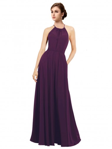 Chiffon Keyhole Back Long Halter Neck Grape A-Line Bridesmaid Dress / Evening Dress Plymouth