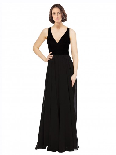 Soft Chiffon & Velvet Open Back Long V-Neck A-Line Prom Dress / Bridesmaid Dress Plymouth
