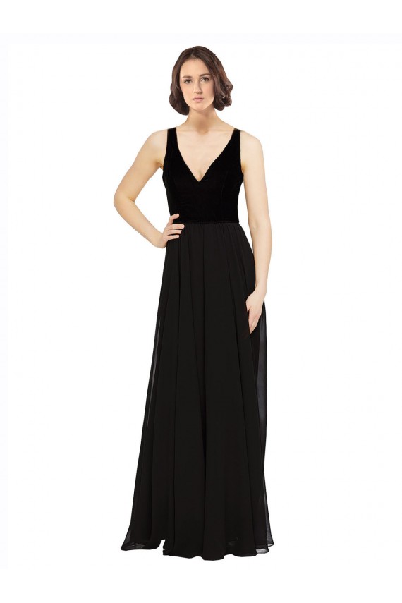 Soft Chiffon & Velvet Open Back Long V-Neck A-Line Prom Dress / Bridesmaid Dress Plymouth