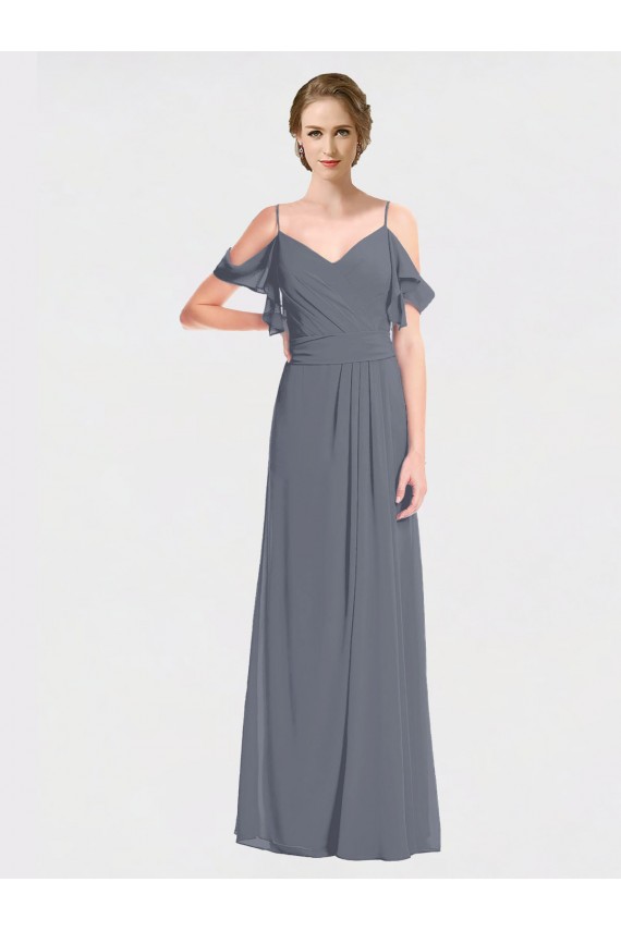 Soft Chiffon V-Back Long Off the Shoulder Slate Grey A-Line Bridesmaid Dress Plymouth
