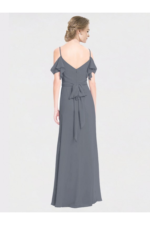 Soft Chiffon V-Back Long Off the Shoulder Slate Grey A-Line Bridesmaid Dress Plymouth
